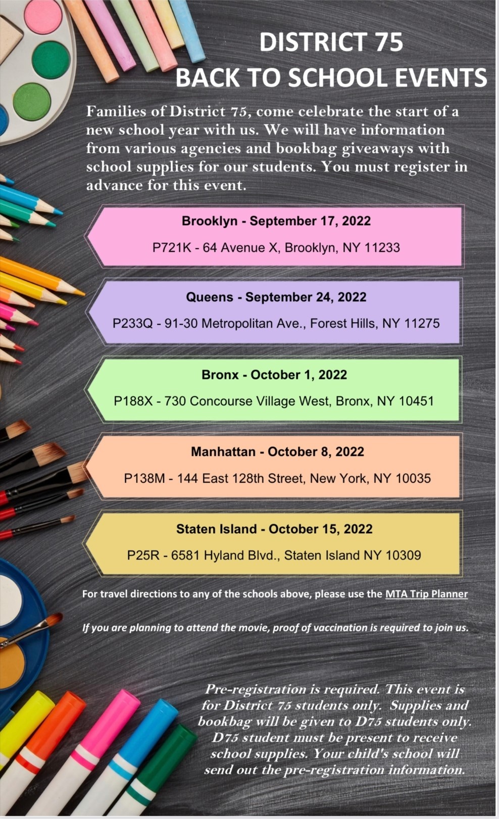 » D75 Back to School Event Bookbags/supplies for current D75 students